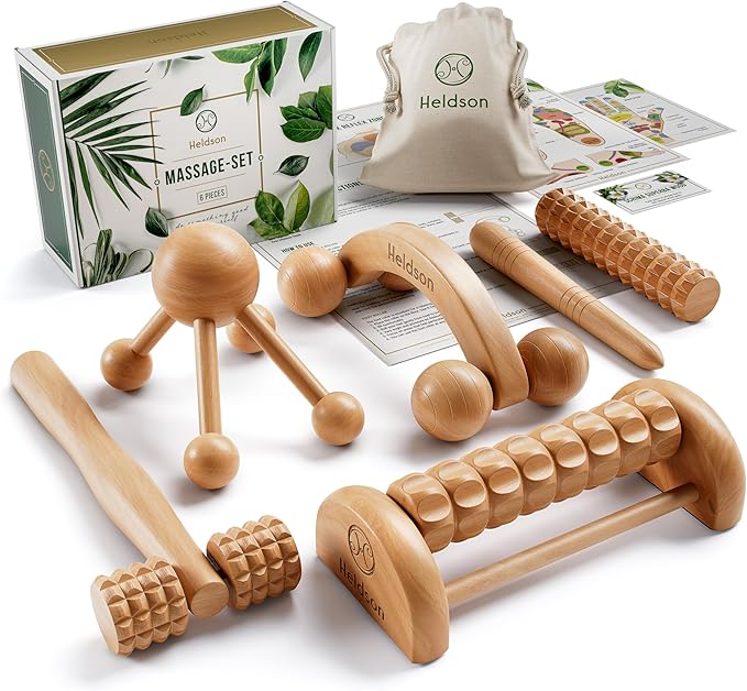 HELDSON® Wooden Therapy Massage Tools [6 Pieces] - Wood Rollers for Body Sculpting - Lymphatic Drainage Massager - Cellulite Tool - Maderoterapia Kit - Back Rolling Stick - Wellness Gifts Women, Men