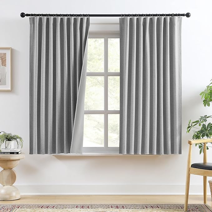 RAIN CITY Grey Linen Blackout Curtains 45 Inches Long,100% Light Blocking Textured Curtains for Bedroom Living Room Thermal Back Tab Rod Pocket Curtains 2 Panels with Hooks 50 x 45