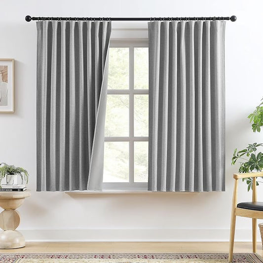 RAIN CITY Grey Linen Blackout Curtains 45 Inches Long,100% Light Blocking Textured Curtains for Bedroom Living Room Thermal Back Tab Rod Pocket Curtains 2 Panels with Hooks 50 x 45