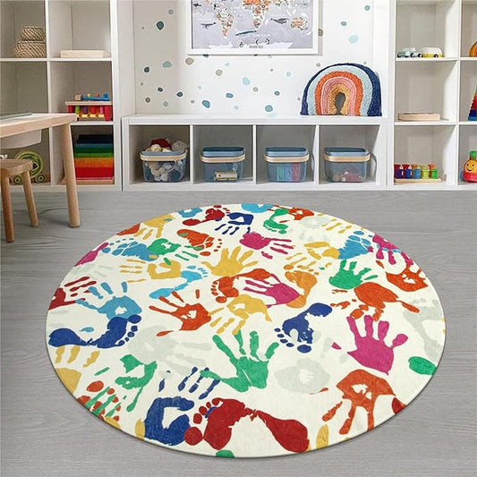 STARUIA Large Round Rug for Classroom 6 Ft, Colorful Circle Rug for Nursery, Washable Kids Rug for Playroom, Soft Circular Carpet Handprints and Footprints Play Mat for Kids Bedroom Toy Room