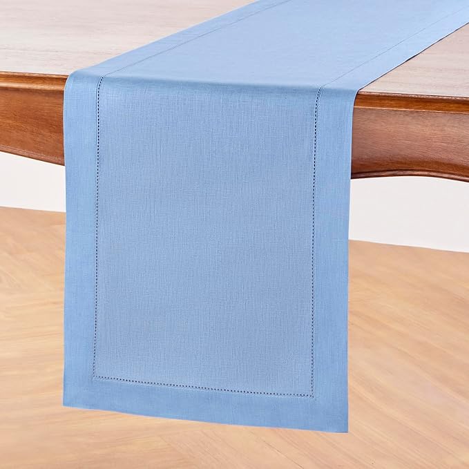 Solino Home Linen Cornflower Blue Table Runner 108 Inches Long - 100% Pure Linen Hemstitch 14 x 108 Inch Table Runner for Dining - Classic Hemstitch