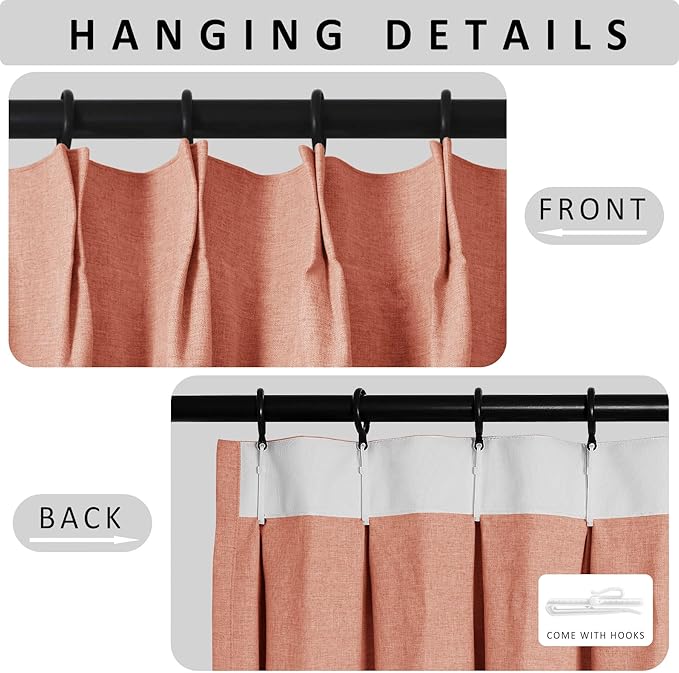 Macochico 100% Blackout Pinch Pleated Linen Curtains Thermal Window Treatments Sound Reducing Curtains for Bedroom Living Room Orange Farmhouse Burlap Drapes with Tieback 52”Wx63”L 1 Panel