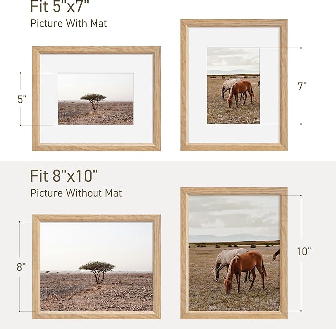 8x10 Picture Frame Set of 4 Natural Solid Oak Photo Frames with 5x7 Removable Mat Wall Hanging Large Handcrafted Frame with HD Plexiglass Wall and Tabletop Display Large Poster Frame