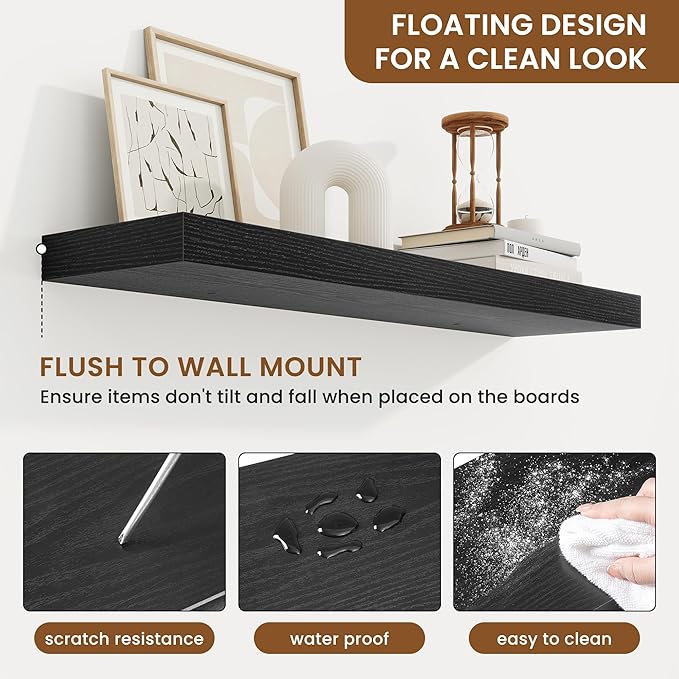 fuqing Floating Shelves for Wall, Bathroom Shelf Wall Mounted for Storage, Shelves with Invisible Bracket for Bedroom, Kitchen, Living Room, Farmhouse Small Book Shelf, 32 Inch Set of 2, Black