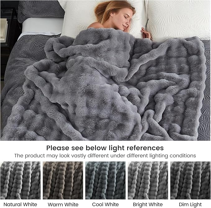 Cozy Bliss Faux Fur Throw Blanket for Couch, Fuzzy Soft Plush Thick Bubble Blanket for Sofa Bedroom Living Room, 90 * 90 Inches Light Grey
