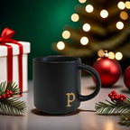 COLLECTIVE HOME - Black Monogram Ceramic Mugs, 15 oz Golden Initial Coffee Cups, Elegant Alphabet Tea Mugs, Personalized Halloween Mug with Gift Box, Perfect for Office and Home Décor (p)