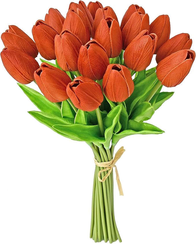 Mandy's Artificial Tulips 20 Stems Dark Orange PU Faux Flowers for Wedding Home Decor 13.5 Inch