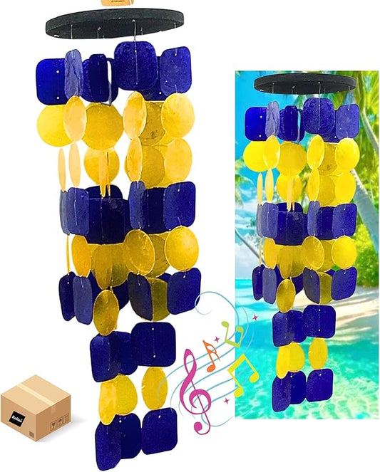 Bellaa 24889 Wind Chimes Outdoor, Garden Decorations, Musical, Indoor/Outside Windchimes, Beach, Ocean Breeze, Gifts for Mom, Gift for All Occasions, Capiz Sea Glass Shells Wood Yellow Blue