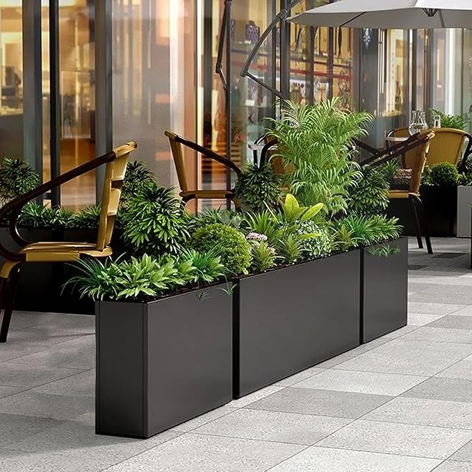 Galvanized Steel Metallic Heavy Planter for Outdoor Plants Metal Outdoor Planter Spliced Flower Box with Partitions for Outside,Indoor,Garden (Black, 30 * 12 * 24)