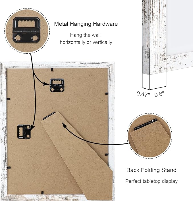 8x10 Picture Frame Set of 4, 8 x 10 Wood Photo Frames with Mat for 5x7, Rustic Natural Wooden Frame with Real Glass Cover for Wall and Tabletop Display,Distressed White