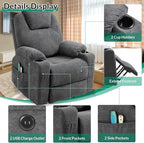 VIVIJASON Power Lift Chair Electric Recliner for Elderly Heated Vibration Massage Fabric Recliner Chair with 2 Remote Controls, Cup Holders, Side Pockets & USB Ports for Living Room (Grey)