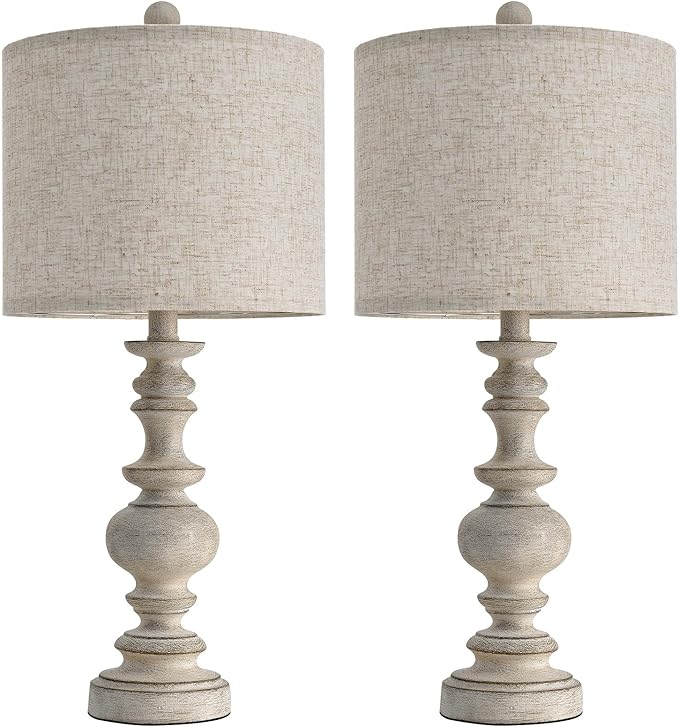 BOBOMOMO 24" Farmhouse Retro Table Lamp Set of 2, Traditional Resin Lamps for Living Room Bedroom, Vintage Bedroom Lamps with Linen Shades, Rustic Table Lamps for Living Room, Nursery, Office