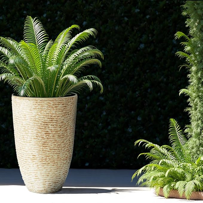 Worth 9 Gallon Tall Round Planters Set of 2-14" Dia x 21" H Stone Finish Flower Pots Indoor Decorative Container Garden Patio Unbreakable Beige