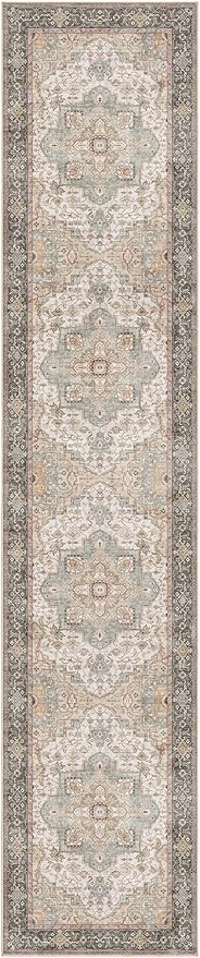 Washable 2.6x12 Runner Rug - Area Rugs Neutral Vintage Distressed Floral Farmhouse Boho Large Soft Floor Rug Indoor Carpet for Hallway Entryway Kitchen Home - Forest Green Orange
