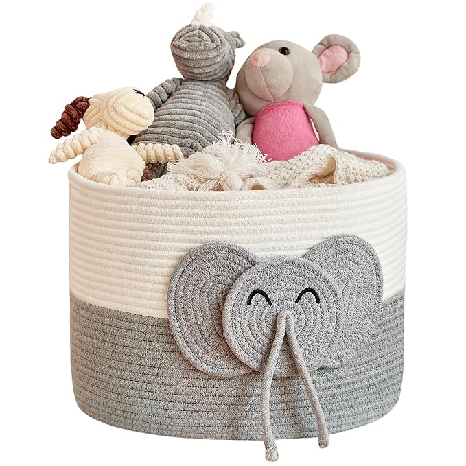 Large Baby Cute Storage Basket for Organizing -Elephant White & Grey 15""x15""x11"", 2024282319065