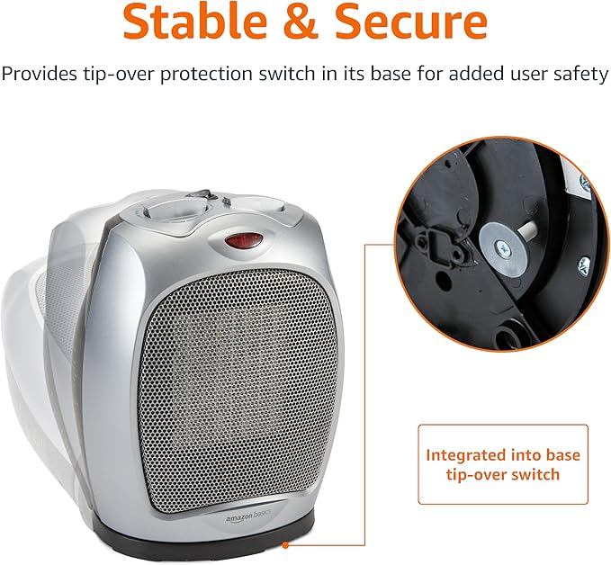 Amazon Basics Oscillating Ceramic Space Heater, Portable Indoor Heating Solution, With Overheat and Tip-Over Protection, Thermostat, 1500W, 7.52"D x 6.34"W x 9.45"H, Silver