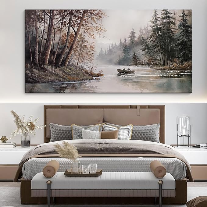 HGUAOA Mountain Canvas Wall Art Rustic Lake Landscape - Nature & Forest Scenery Paintings Pictures for Living Room & Bedroom Wall Decor Vintage Artwork for Walls