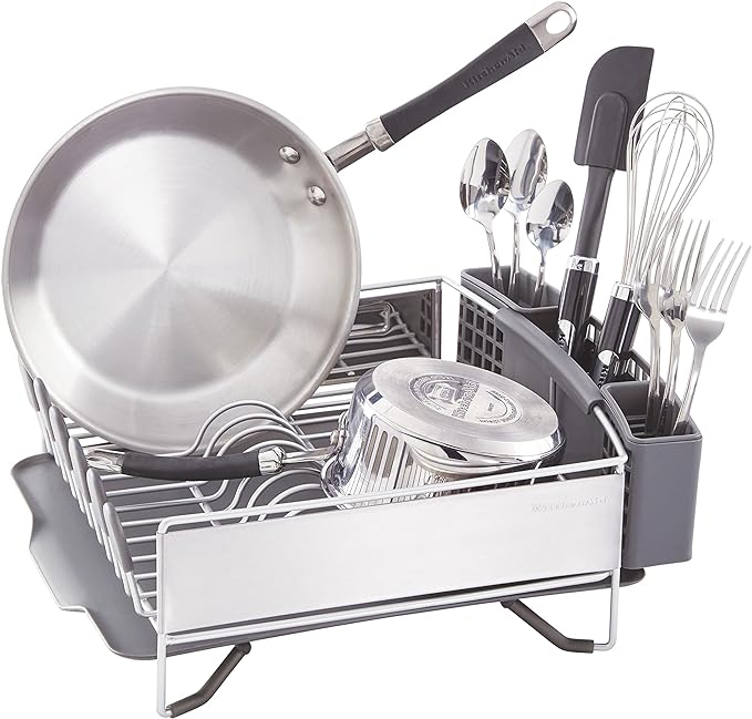 KitchenAid Compact Space Saving, Dish Rack with Removable Flatware Caddy and Angled Self Draining Drainboard, Satin Gray, 15-Inch-by-13.25-Inch