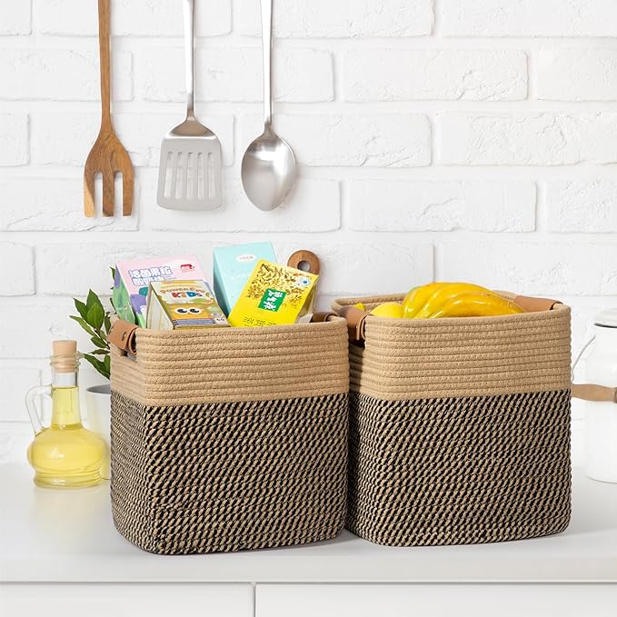 danpinera 3-Pack Cotton Rope Baskets for Storage, 11"x11" Cube Storage Cubes Store Toys, Towel, Snack, Storage Bins with Reinforced Stitching & Practical Handles, Black & Brown