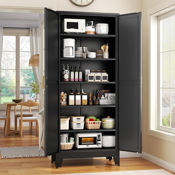 75.2" Tall Storage Cabinet, Pantry Storage Cabinets with 2 Door and 5 Adjustable Shelves, Black Kitchen Food Cabinet, Metal Utility Cabinets for Kitchen, Dinning Room, Laundry Room