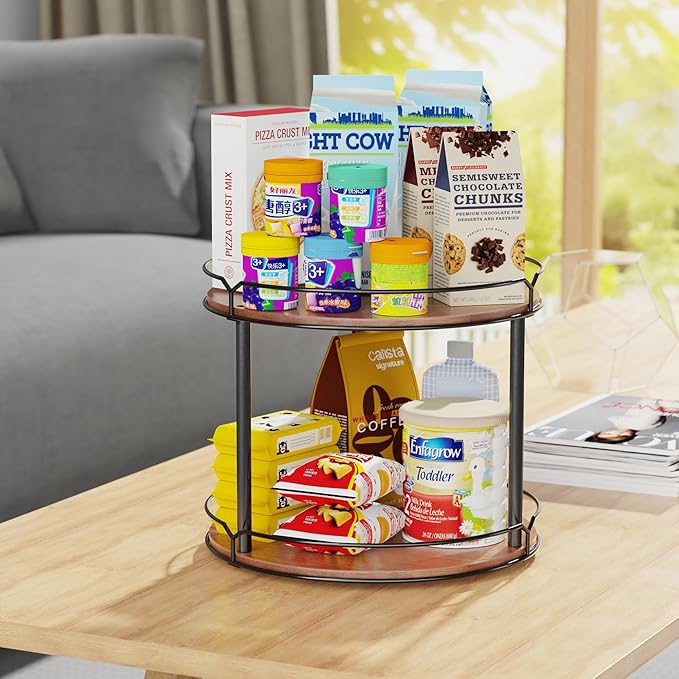 12.4" Lazy Susan Organizer 2 Tier - Rotating Spice Rack, Wooden Spinning Spice Holder for Inside Cabinet, Pantry, Kitchen, Countertop, Bathroom and Vanity, Versatile Storage