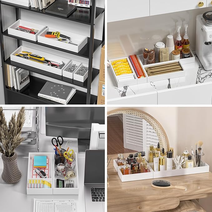 Bamboo Drawer Organizer, Narrow Silverware Organizer for Kitchen, Stackable Utensil Organizer, 2 Pcs Flatware Organizer for Drawer, Wooden Storage Box Tray (White, 12 X 3 X 2 Inch)