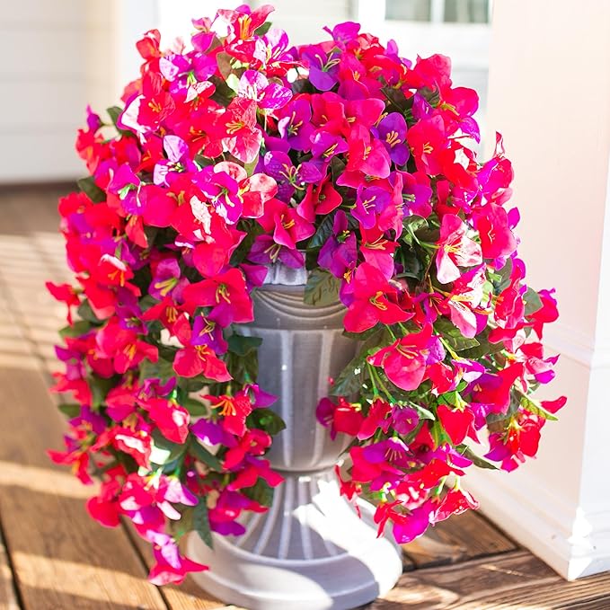 Faux Bougainvillea Artificial Flowers Plants for Outdoors Outside Decoration, 2pcs Fake Flowers Silk Long Trailing Vines UV Resistant Realistic for Front Door Porch Planter Urn Patio Balcony Yard, Mix