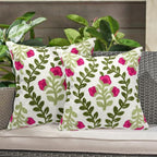 Alysheer Summer Decorative Throw Pillow Covers 18"x 18" Set of 2, Floral Embroidered Farmhouse Hot Pink Flowers Green Vine Patterned Cotton Canvas Cushion Case for Sofa Couch Bed Living Room Decor