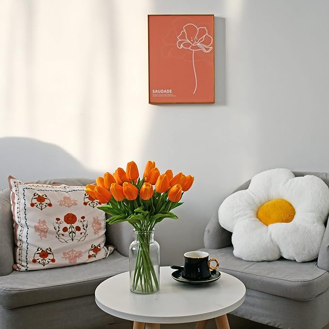 Mandy's Artificial Tulips 20 Stems Orange PU Faux Flowers for Wedding Home Decor 13.5 Inch