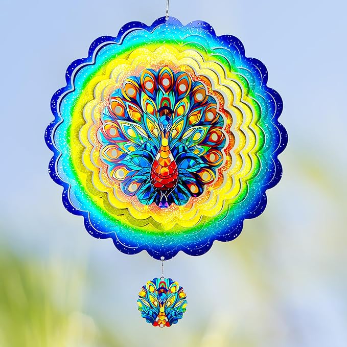 Peacock Hanging Wind Spinners,12 Inch 3D Garden Spinner Kinetic Art Garden Decorations，Stainless Steel Reflective Wind Spinners for Yard
