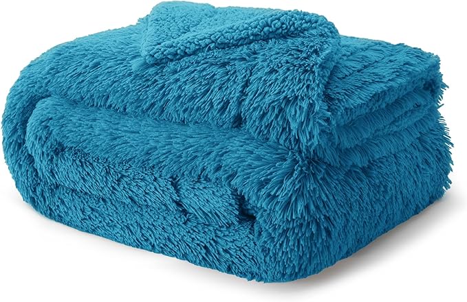 Bedsure GentleSoft Fluffy Bright Blue Blankets Queen Size for Bed, Thick Sherpa Faux Fur Fleece Fuzzy Plush Winter Warm Soft Queen Blankets, Bedroom Decor Blue Cozy Gifts for Women Men, 90x90