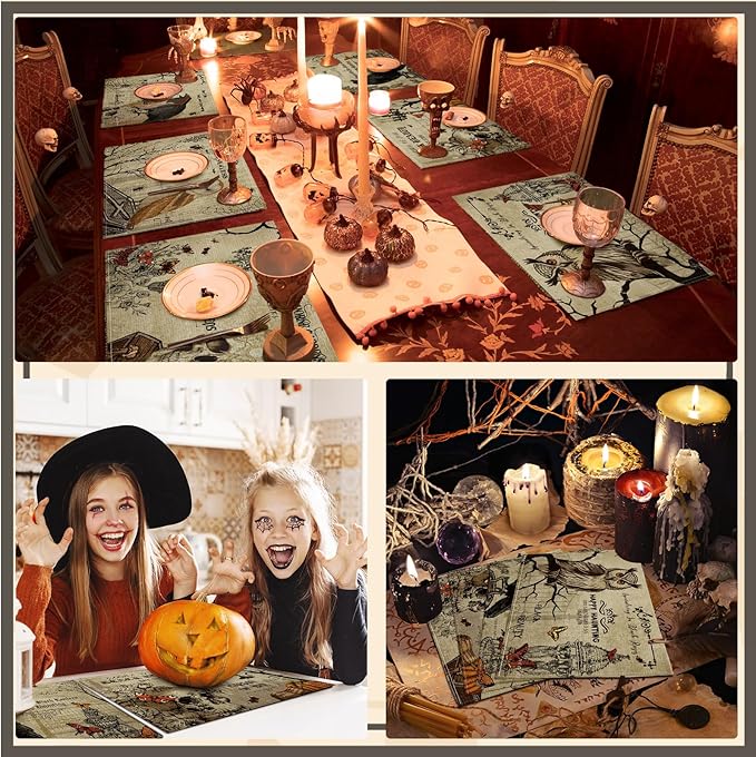 Umigy 6 Pcs Halloween Placemats 12"x18" Gothic Bat Placemats Kitchen Decoration Washable Witch Place Mats Rectangle Skull Table Mats for Halloween Dining Table Accessories(Poster Style)
