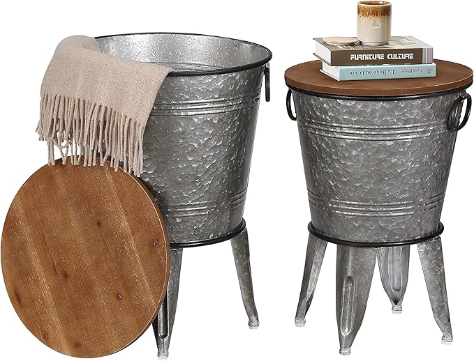 Rustee Rustic Storage Farmhouse Accent Side Table,Antique Galvanized Metal End Coffee Cocktail Table Box Bin with Round Wooden Lid Set of 2 (Galvanized),HC2009WT,One size
