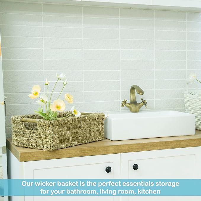 Large Natural Wicker Basket Rectangular with Wooden Handles, Seagrass Storage for Organizing, Shelves 15.5 x 10.6 x 5.5 inches