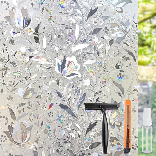 HIDBEA Window Privacy Film, 3D Stained Glass Static Cling - Sun Blocking Anti-UV Heat Control, Reusable Decorative Film for Home/Office Doors, Rainbow Tulip Design (17.5 in x 78.7 in)