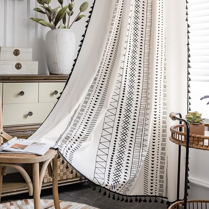 Sutuo Home Boho Curtain 84 Inches Length for Bedroom, Printed Cotton Linen Geometry Rod Pocket Chic Semi Blackout Bohemian Tassels Window Treatment for Living Room, 1 Panel 59" W x 84" L, Black