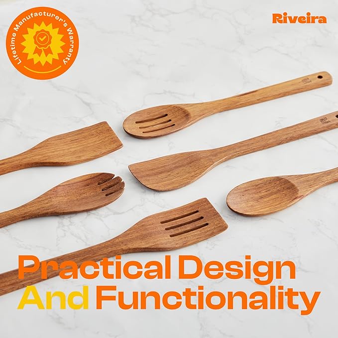 Riveira Teak Wooden Spoons for Cooking Set of 6 – Natural Teak Wooden Cooking Utensils, Wooden Spatula, Wooden Spoon - Premium Quality Wooden Utensil Set for Non-Toxic Cooking