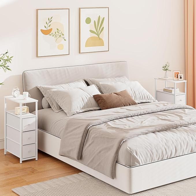 TUTOTAK Narrow Night Stand, Slim End Table, Tall Side Table with 3 Fabric Drawer, Small Bedside Table with Storage, Set of 2, for Living Room, Bedroom, White TB01BW072