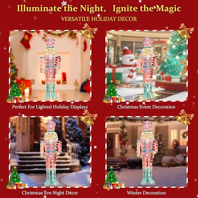 61Inch Nutcracker Christmas Decor Outdoor with LEDs 5 Feet Lighted Large Nutcracker Lighted Christmas Decorations Outdoor with Stakes & Zip Ties for Xmas Yard, Porch, Lawn