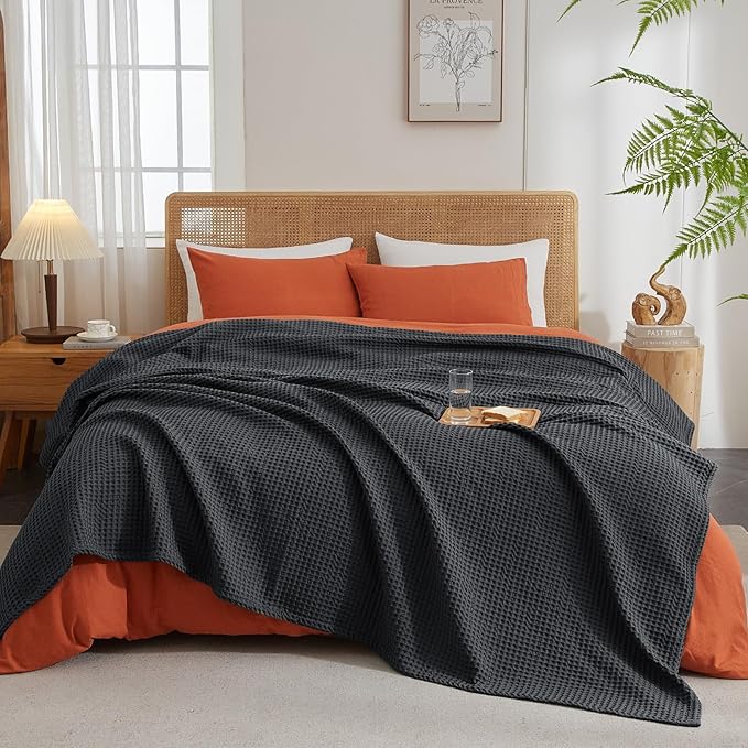 PHF Ultra Soft Waffle Weave Blanket Twin Size 66"x 90"- Washed Lightweight Breathablee Cozy Woven Blanket - Great for Couch Bed Sofa Home Car - Black