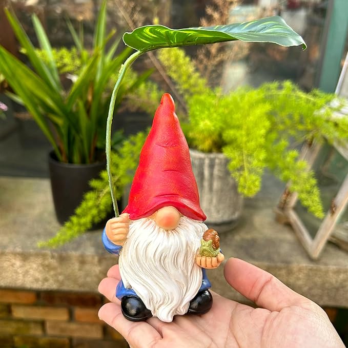 Garden Gnome Statue Decoration with Leaf Umbrella, 6.5” Figurine Ornament for Indoor Outdoor Home Patio Yard Lawn, for Gnome Lovers & Garden Enthusiasts，Mom，Women