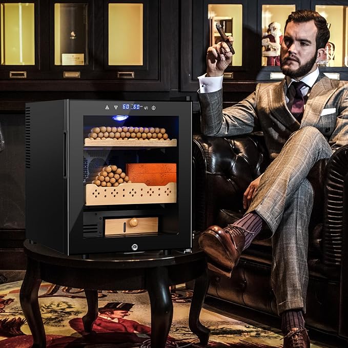 Electric Humidor for Cigars, 50L 300 Counts Large Capacity, Thermostatic Electric Cigar Cooler Cabinet with Spanish Cedar Wood Shelves, Digital LED Screen, Smart Humidity & Temp Control, Gifts for Men