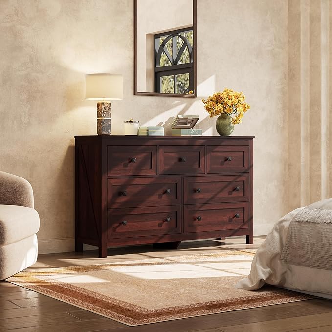 WLIVE Farmhouse Dresser for Bedroom, 51.18'' Wide 7 Drawer Wood Dresser, TV Stand for 65 inch TV, Wooden Chest of Drawers for Bedroom, Modern Clothes Organizer for Living Room, Hallway, Rustic Brown