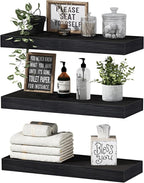 QEEIG Floating Shelves for Wall Bathroom Shelf Bedroom Kitchen Living Room Hanging Book Shelves Small Farmhouse Decor 16 inch Set of 3, Black (015-B3)