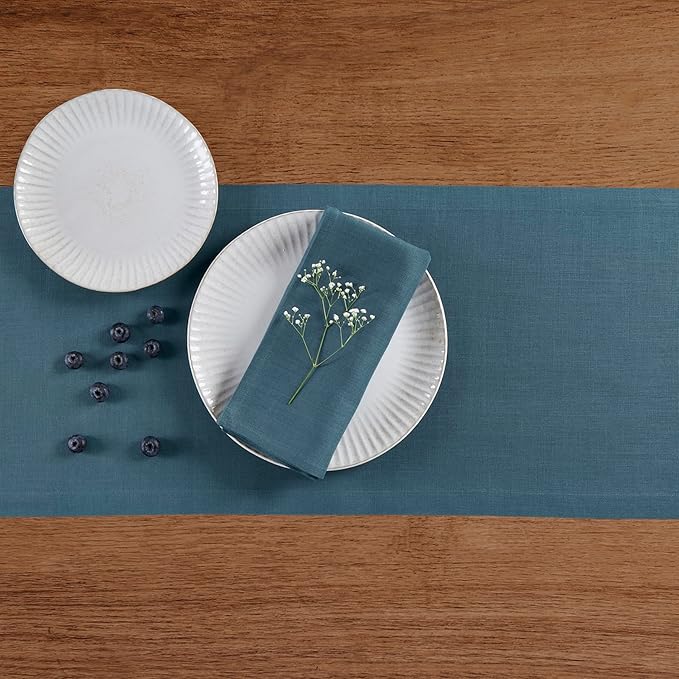 Solino Home Linen Table Runner 72 Inches Long - 100% Pure Linen Peacock Blue Table Runner 14 x 72 Inch - Fete