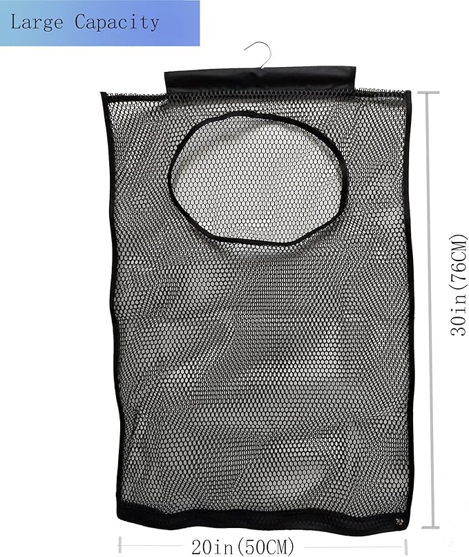 Hanging Mesh Laundry Hamper (30in*20in*2in) Large Dirty Clothes Bag, Can Be Used Behind The Door & Closet & Caravan& Bathroom (Black)