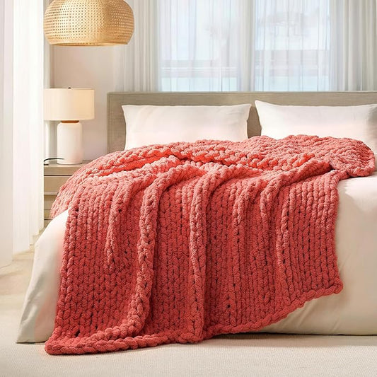 L'AGRATY Chunky Knit Blanket Throw: 60''x80'' Chenille Chunky Knitted Throw Blankets for Twin Bed Couch - Handmade Thick Cable Knit Blanket - Large Crochet Rope Blankets for Home Decor(Coral Pink)