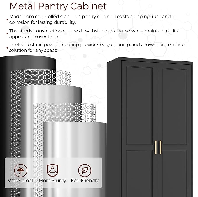 71" Tall Metal Pantry Cabinet, Black Kitchen Pantry Storage Cabinet with 4 Adjustable Shelves and Gold Handles, Cupboard for Kitchen, Dining Room, Living Room, Bathroom