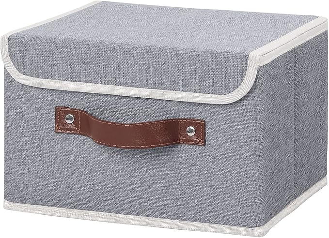 ANMINY Storage Bin with Lid Storage Boxes with PU Leather Handles PP Plastic Board Decorative Foldable Lidded Cotton Linen Fabric Home Cubes Baskets Closet Organizer Container - Gray, Small Size