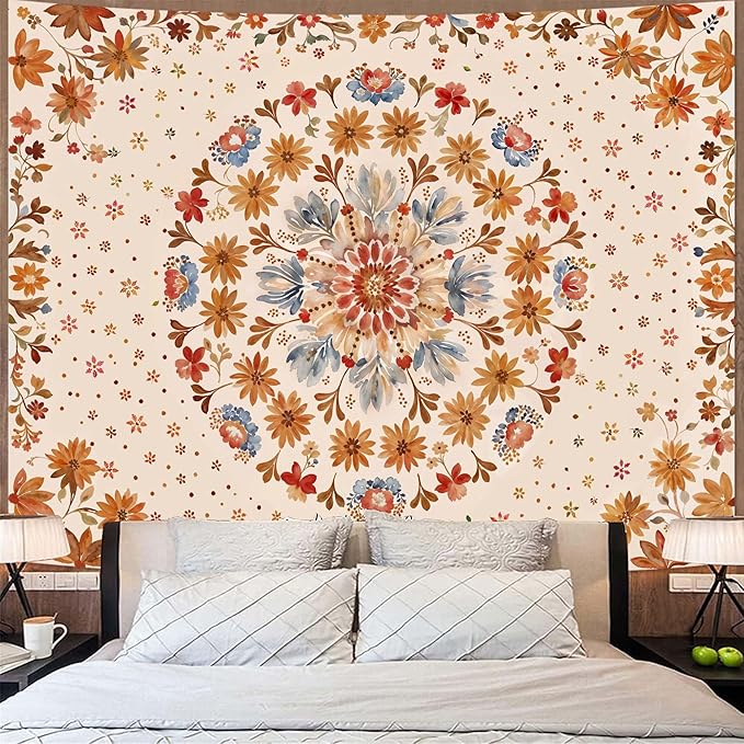 Boho Floral Mandala Tapestry Wall Hanging Watercolor Bohemian Flower Medallion Tapestry Aesthetic Beige Orange Hippie Indian Extra Large Tapestries for Bedroom Living Room Dorm Decor 90 x 68 Inch
